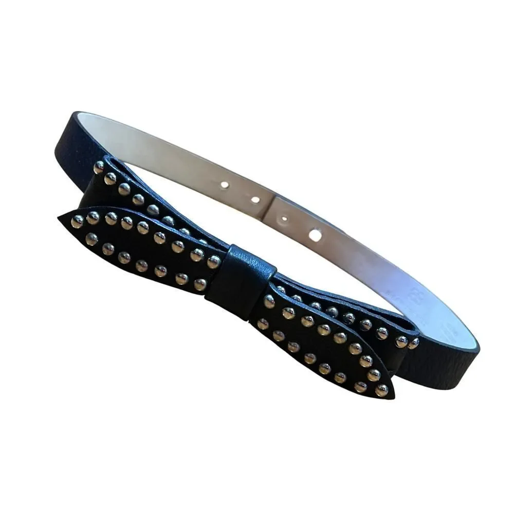 B-LOW THE BELT Black Leather Studded Bow Waistband Belt Size XS‎